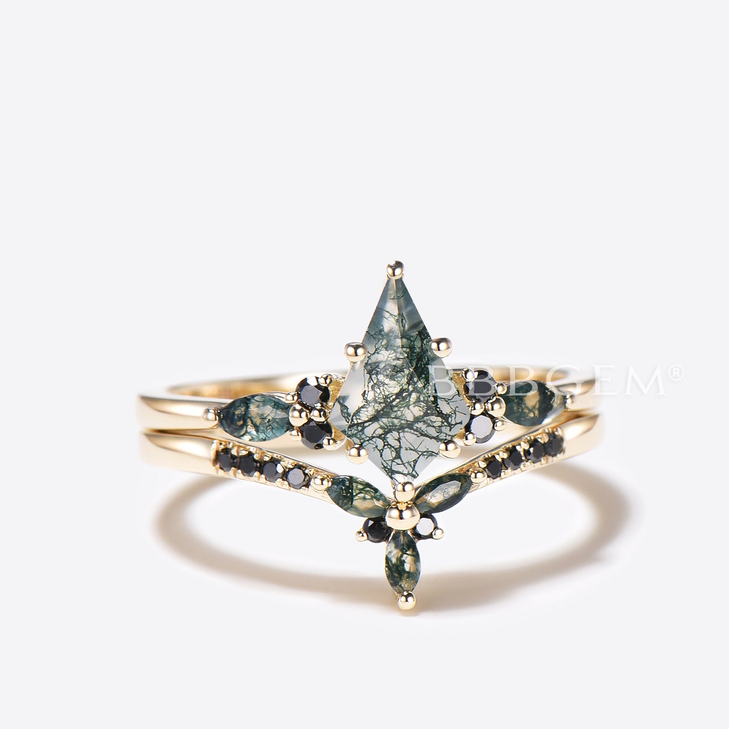 **Moss Agate Engagement Ring Set with Kite Cut Cluster & Black Spinel – Perfect for Weddings, Proposals, and Anniversary Gifts**