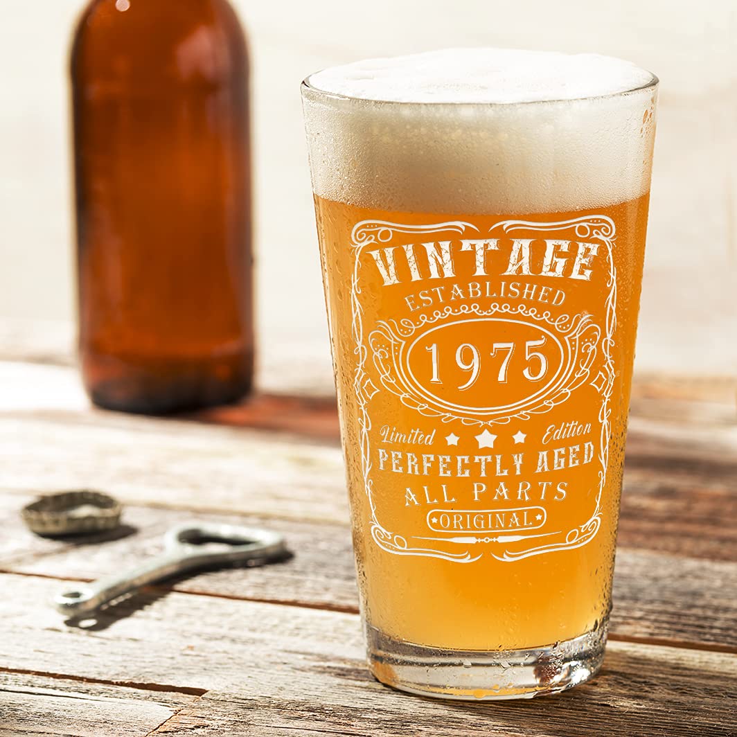 Cuptify Vintage Etched 16 oz Beer Pint Glasses - Perfect 50th Birthday Gift for Men, Established 1975 - Ideal for Beer Lovers, Home Bars & Anniversary Celebrations