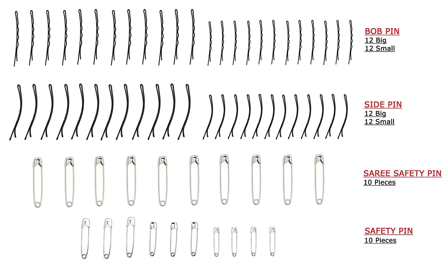 24 Bob Pins + 24 Side Pins + 10 Large Safety Pins + 10 Mixed Size Safety Pins - Hair Clips for Bun, Updo & Braid Hairstyles - Perfect for Salon, Wedding & Everyday Hair Styling