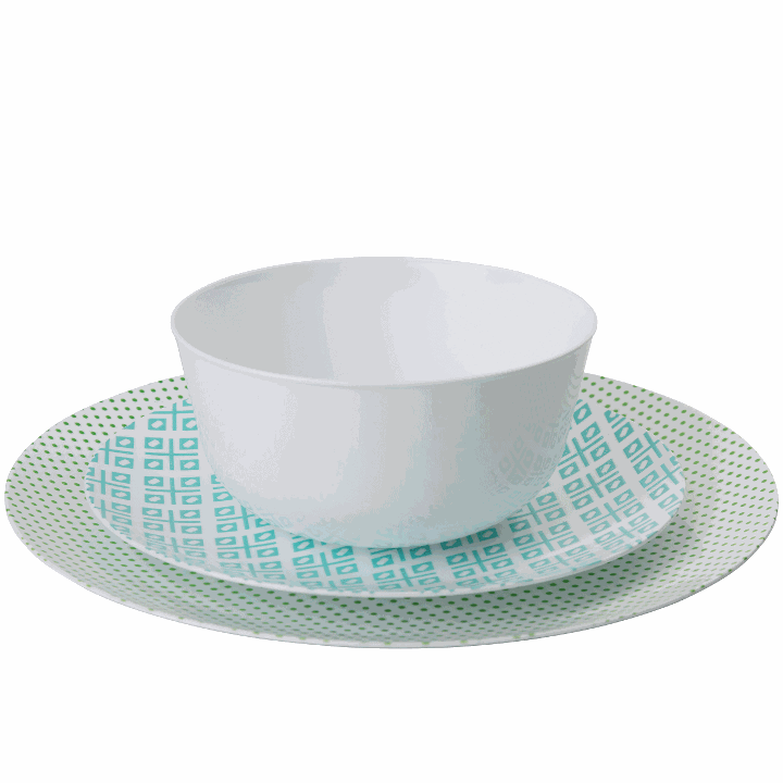 Vibrant Blue, Green & White Round Plastic Plates - Aztec Design for Parties, Picnics & Outdoor Dining | Durable & Stylish Disposable Tableware