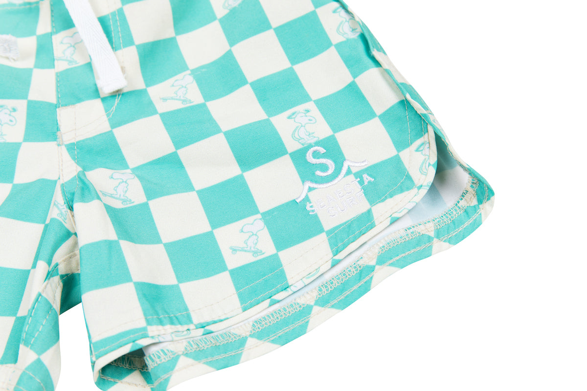 Seaesta Surf x Peanuts® Checkerboard Swim Trunks for Men - Retro Surf Shorts with Quick Dry Fabric - Perfect for Beach, Pool, and Summer Vacations