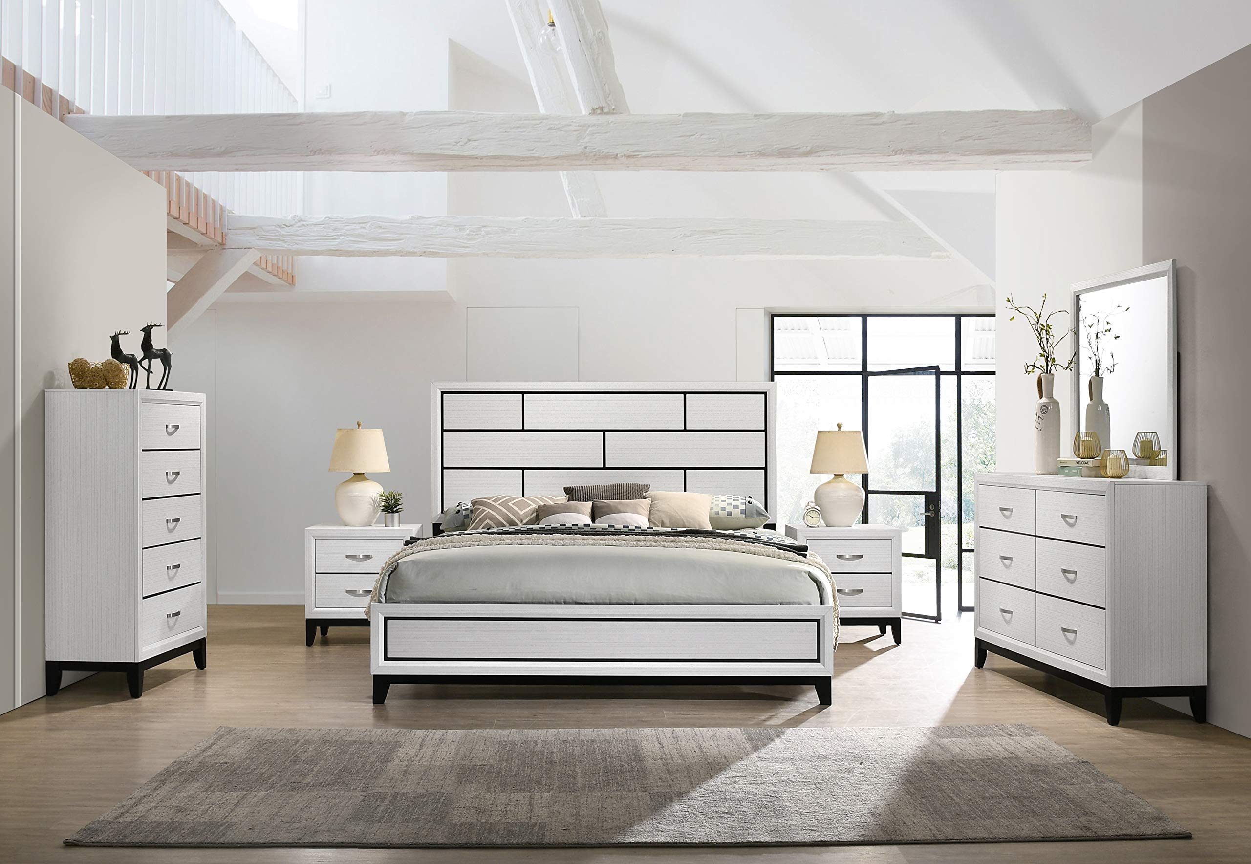 Roundhill Furniture Stout Contemporary Panel King Bedroom Set - White Dresser, Mirror, 2 Nightstands & Chest | Modern Bedroom Furniture for Master Suite & Guest Room Decor
