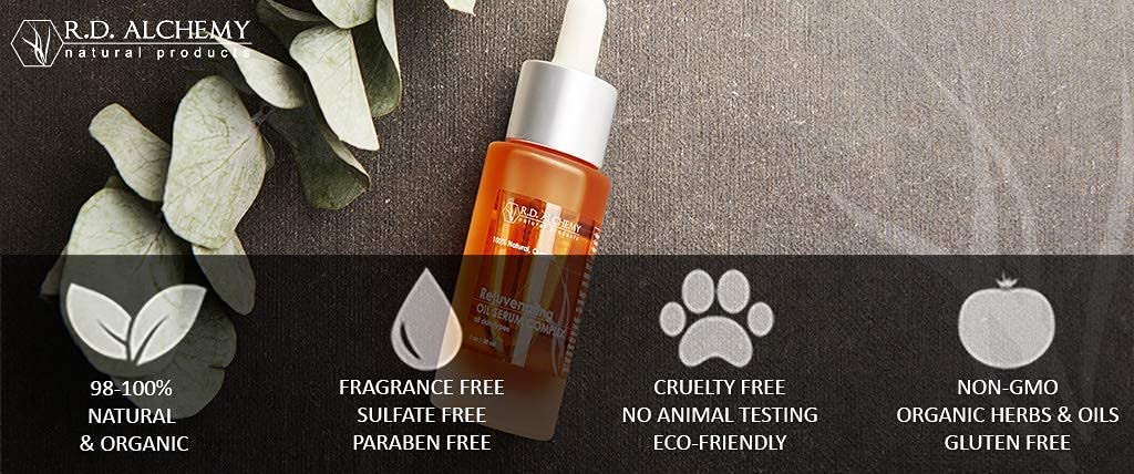 RD Alchemy - 100% Natural & Organic Rejuvenating Face Oil Serum with Argan, Jojoba, Rosehip, Retinol & CoQ10 - Reduces Acne, Wrinkles, Fine Lines, Sun Spots & Dryness - Perfect for Nighttime Skincare & Anti-Aging Routine