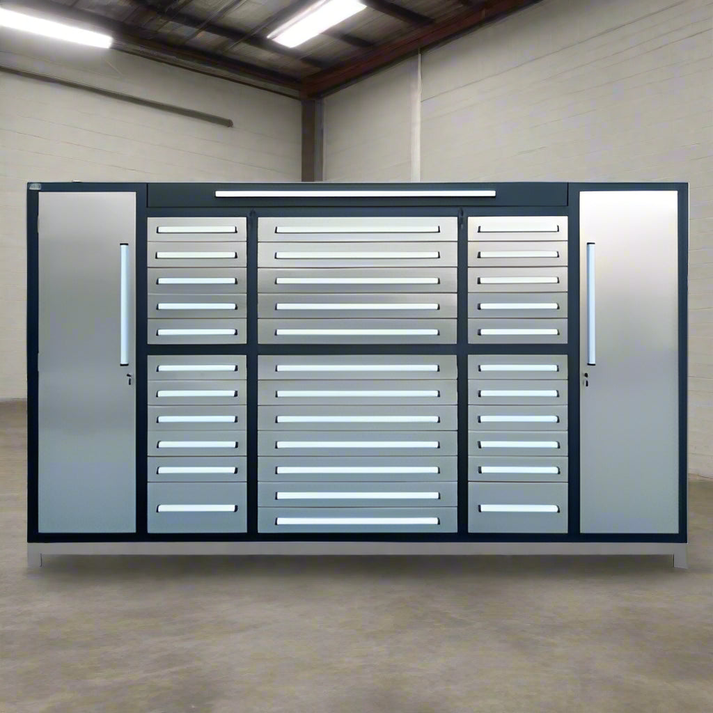 9 FT Stainless Steel Workbench with 34 Drawers - Heavy Duty Tool Storage Station for Garage & Workshop Organization | Industrial Work Table for Mechanics & DIY Projects