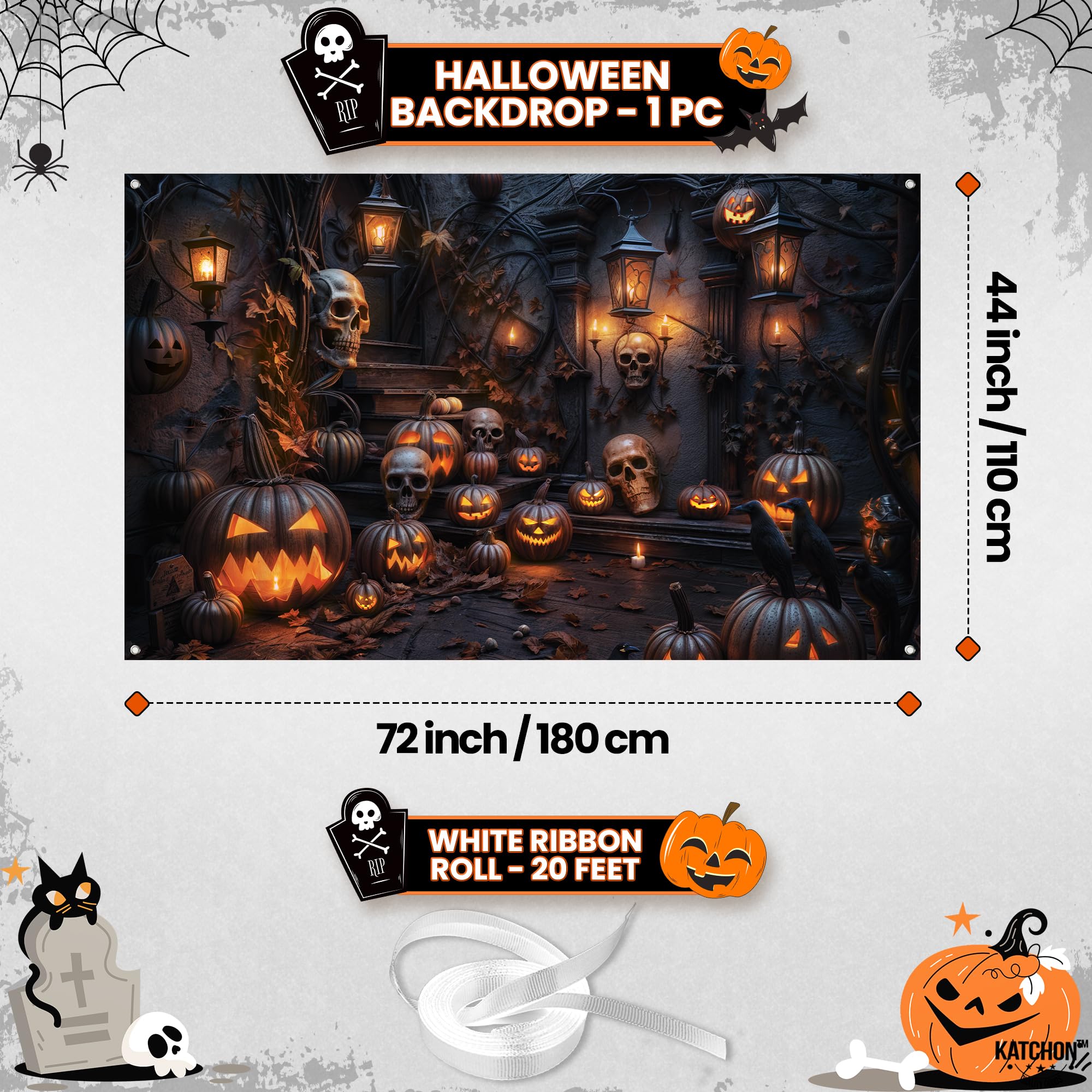 KatchOn Extra Large Halloween Backdrop 72x44 Inch - Spooky Party Decor, Pumpkin Photo Booth Background for Halloween Celebrations & Themed Events