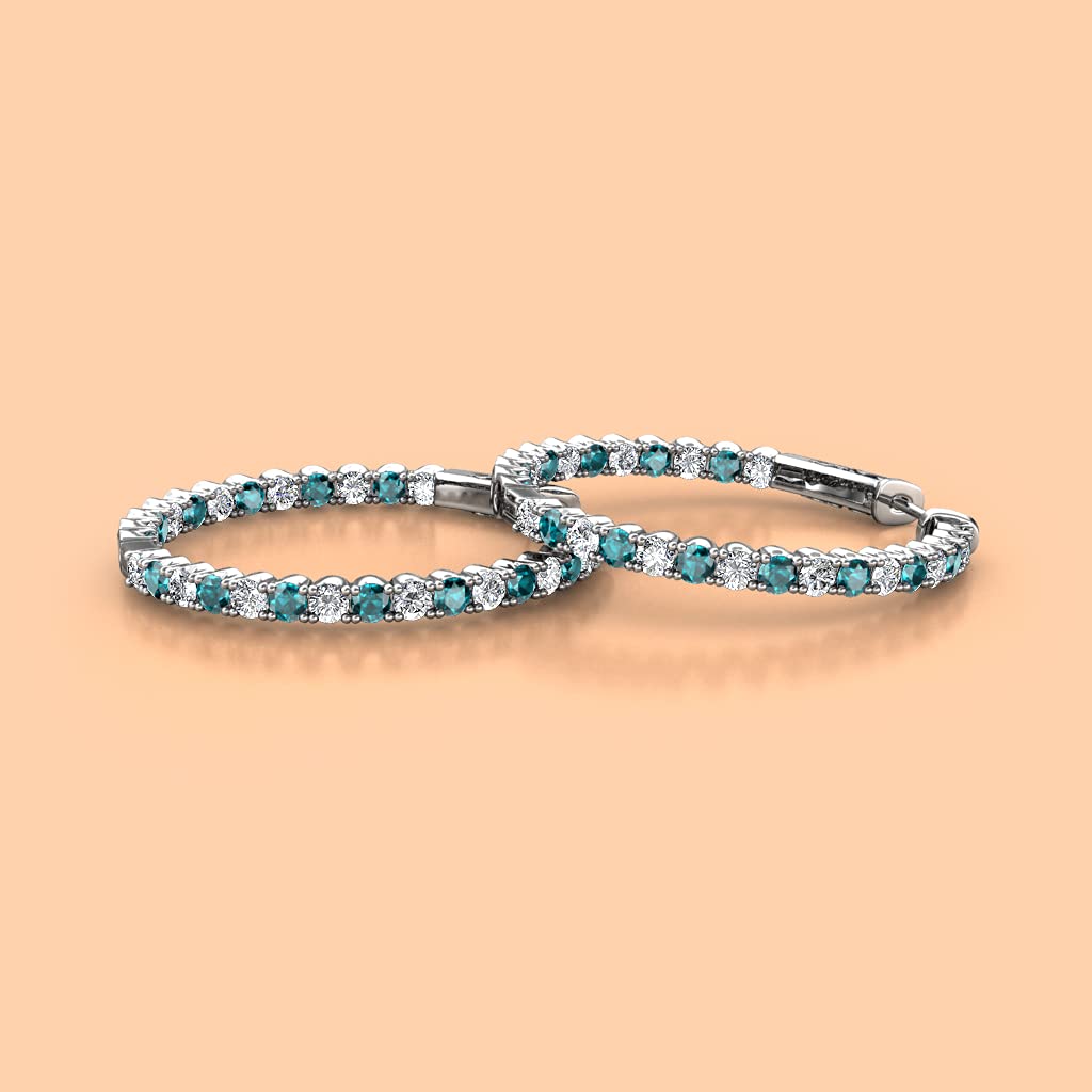 14K White Gold London Blue Topaz & Natural Diamond Inside-Out Hoop Earrings 1.43 CTW - Elegant Jewelry for Weddings, Parties & Special Occasions