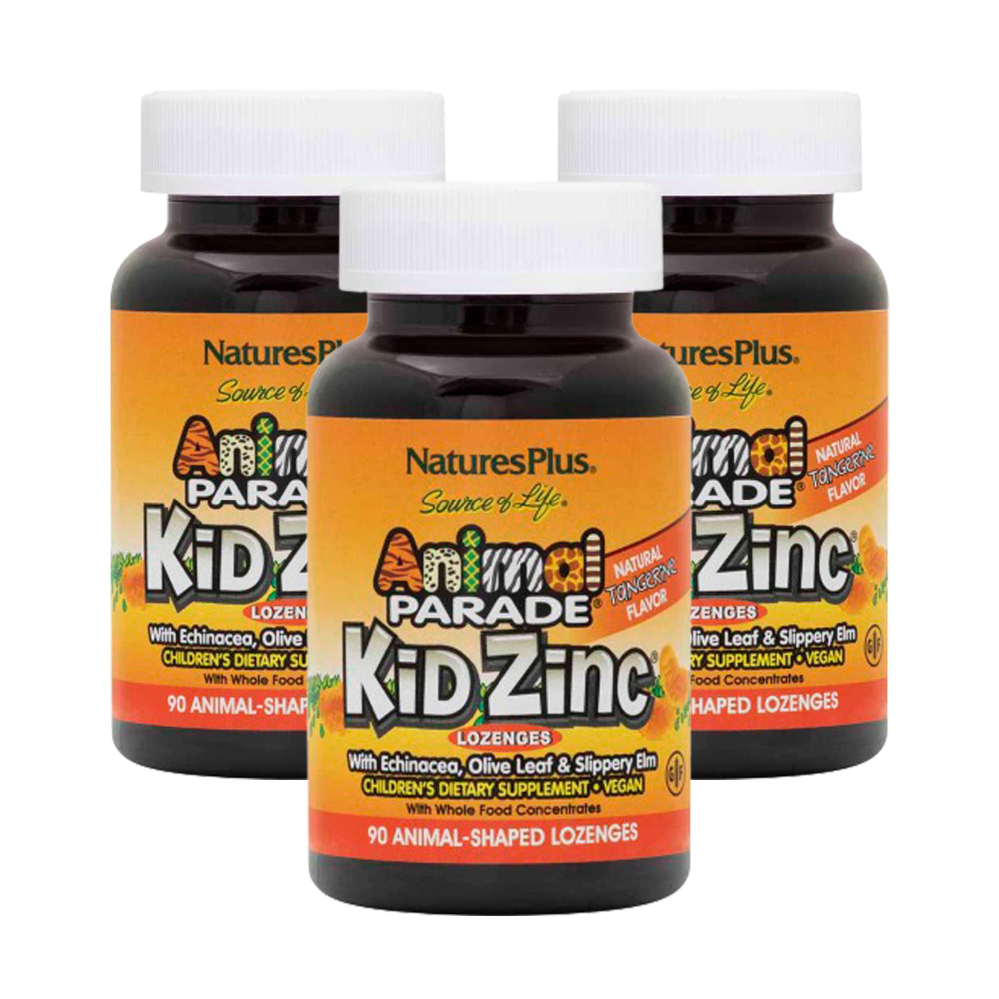 NaturesPlus Animal Parade KidZinc Tangerine Flavor - 90 Animal-Shaped Zinc Lozenges per Bottle (Pack of 3) | 270 Total Servings | Organic Chelated Zinc Supplement for Kids | Vegan, Gluten-Free Immune Support | Perfect for School Lunchboxes & Travel Snacks