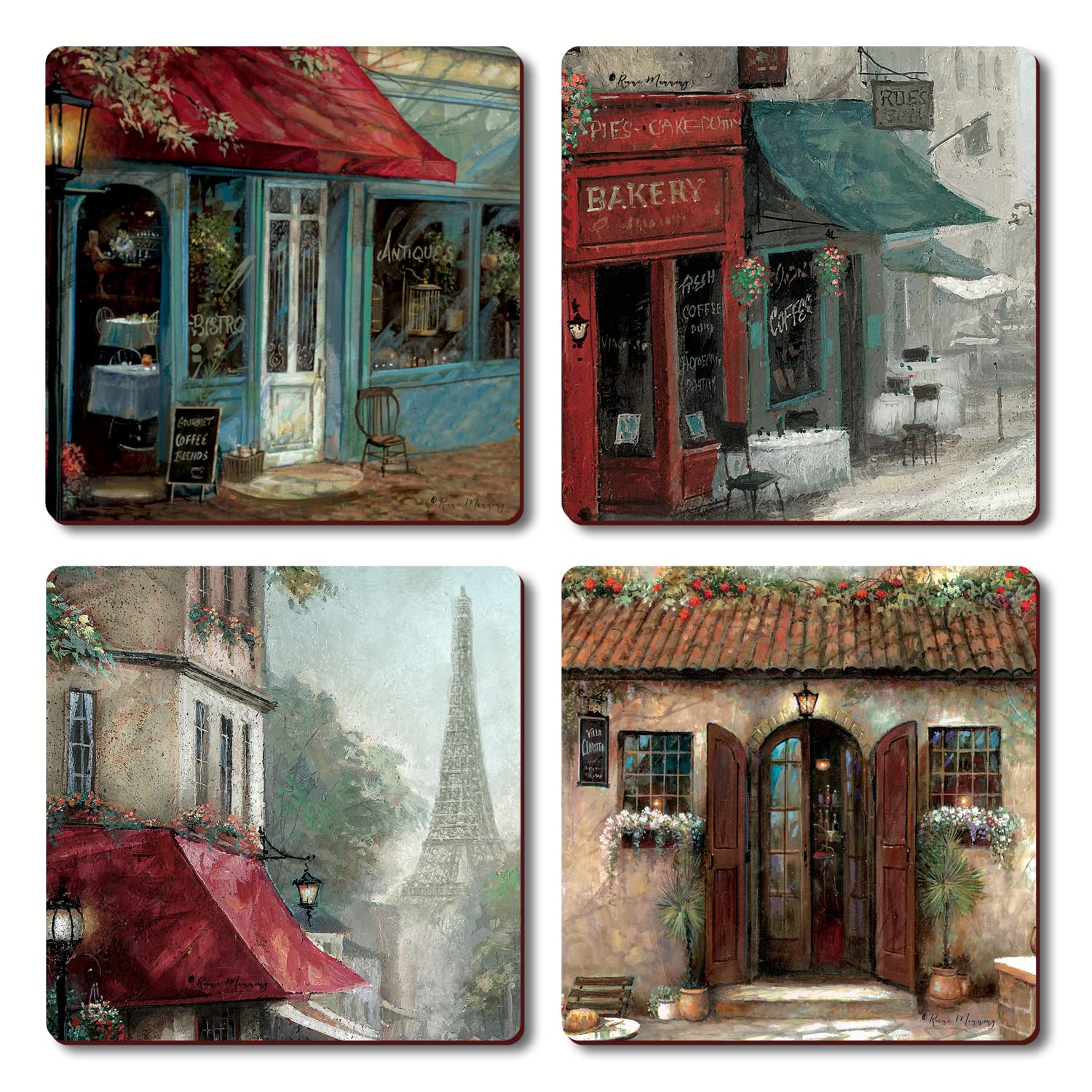 French Scenic Coasters Set of 4 - Cork Backed Heat Resistant Drink Coasters for Home & Office - USA Made Easy-Clean Hardboard Coasters - Perfect for Coffee Tables, Dining Tables, and Bars