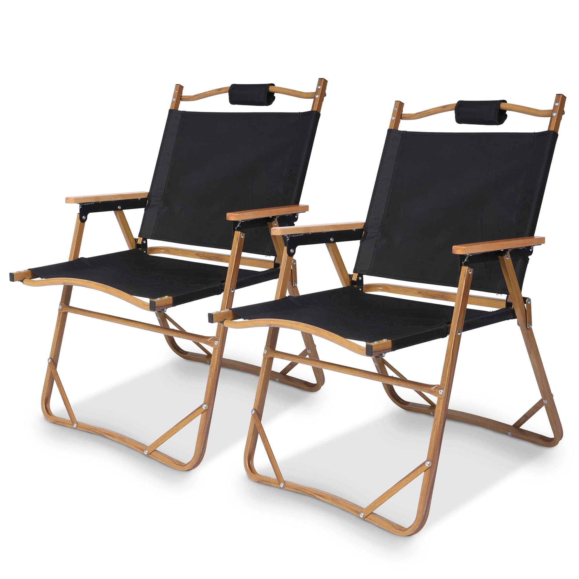 TRY & DO 2 Pack Folding Beach Chairs with Aluminum Frame & Wooden Armrests - Lightweight Portable Outdoor Chairs for Patio, Picnic, BBQ, Camping & Beach - Wood Grain Coating & Back Pocket Included - Perfect for Backyard Relaxation, Poolside Lounging & Summer Travel