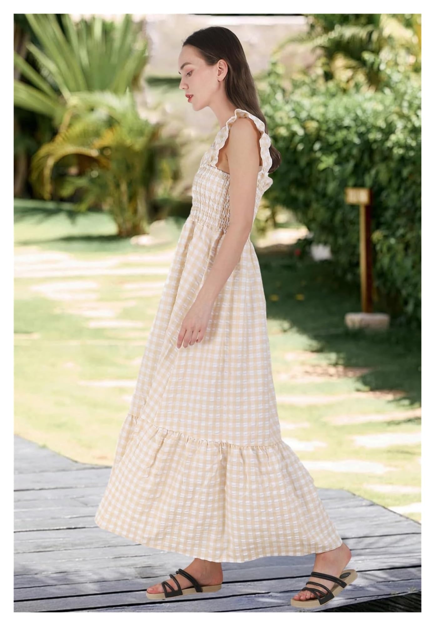 Women's Retro Plaid Smocked Bust Maxi Dress - Singing Solo Multi Plaid Spaghetti Strap Square Neck Long Dress for Summer Beach, Wedding Guest & Party Occasions