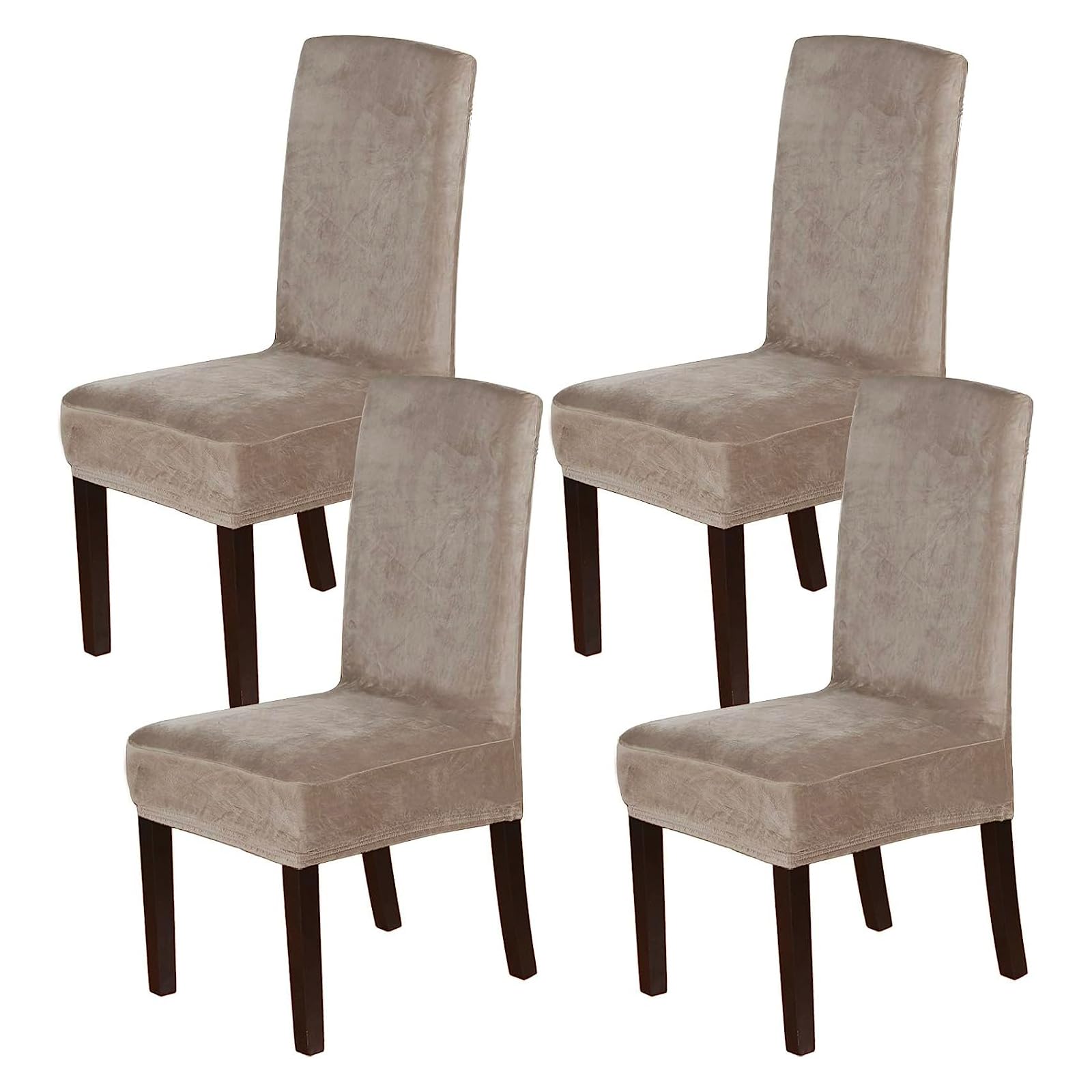 Stretchable Velvet Dining Chair Covers Set of 4 - Washable Parson Chair Slipcovers for Dining Room, Soft Thick Solid Fabric Protectors in Taupe | Perfect for Home Decor, Dinner Parties & Everyday Use