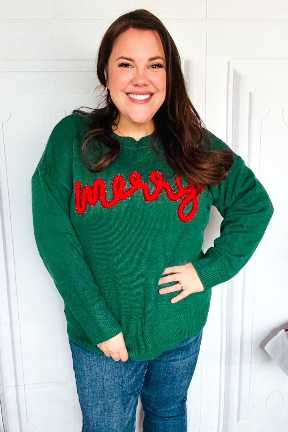Be Merry Hunter Green Pop Up Lurex Sweater - Festive Holiday Knitwear for Women | Perfect for Christmas Parties & Winter Gatherings