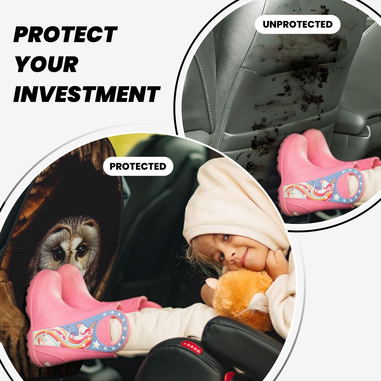 VTCTOASY Kick Mat Back Seat Protector for Car - 2 Pack Extra Large Waterproof Seat Cover with 3 Storage Pockets | Universal Fit for Trucks, SUVs & Sedans | Protects Against Kids, Pets & Spills (Owl Tree Hole Design) - Perfect for Family Road Trips & Daily Commutes
