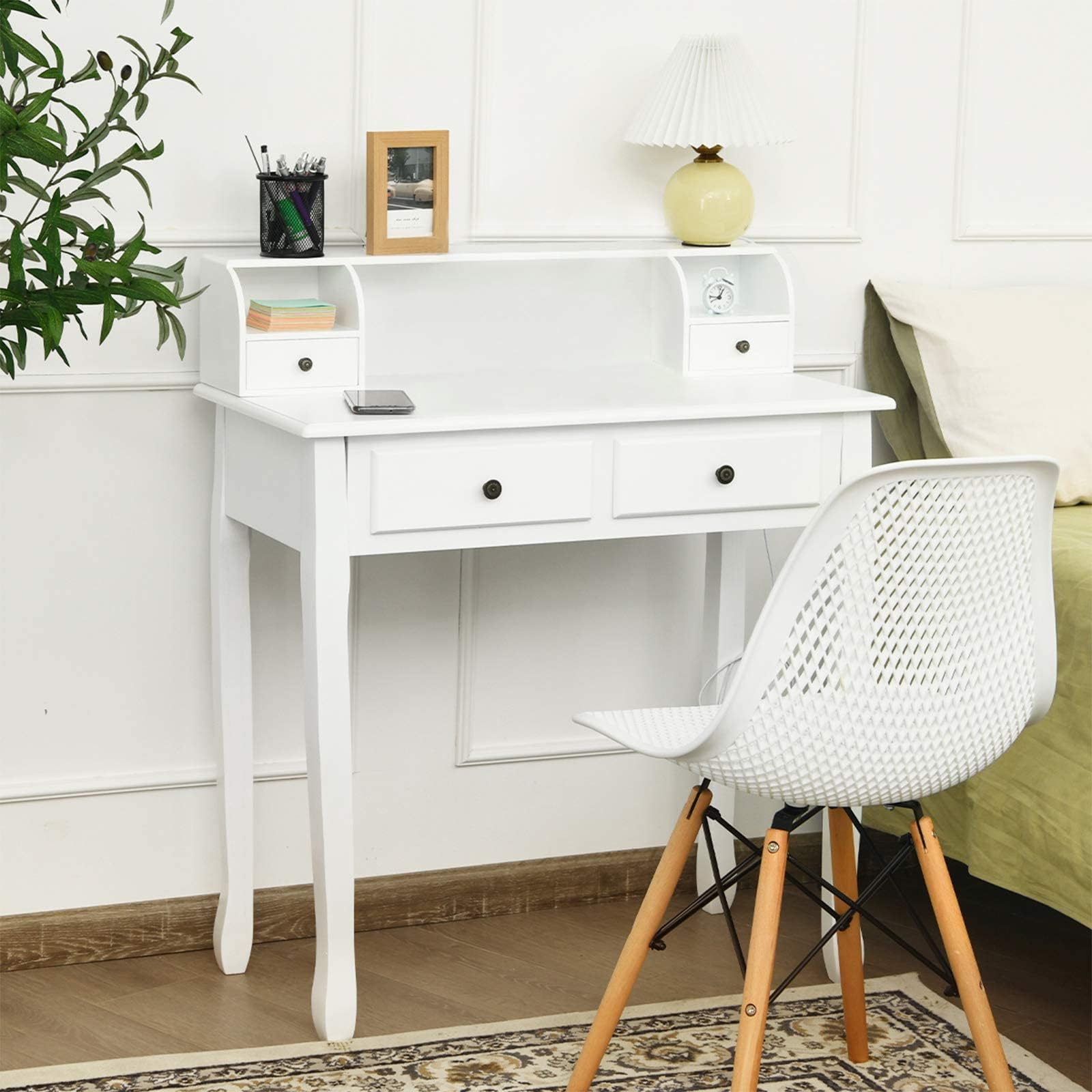 Giantex White Writing Desk with 4 Drawers & Removable Floating Organizer - 2-Tier Mission Style Computer Desk for Small Spaces - Perfect for Home Office, Apartment Study & Vanity Use