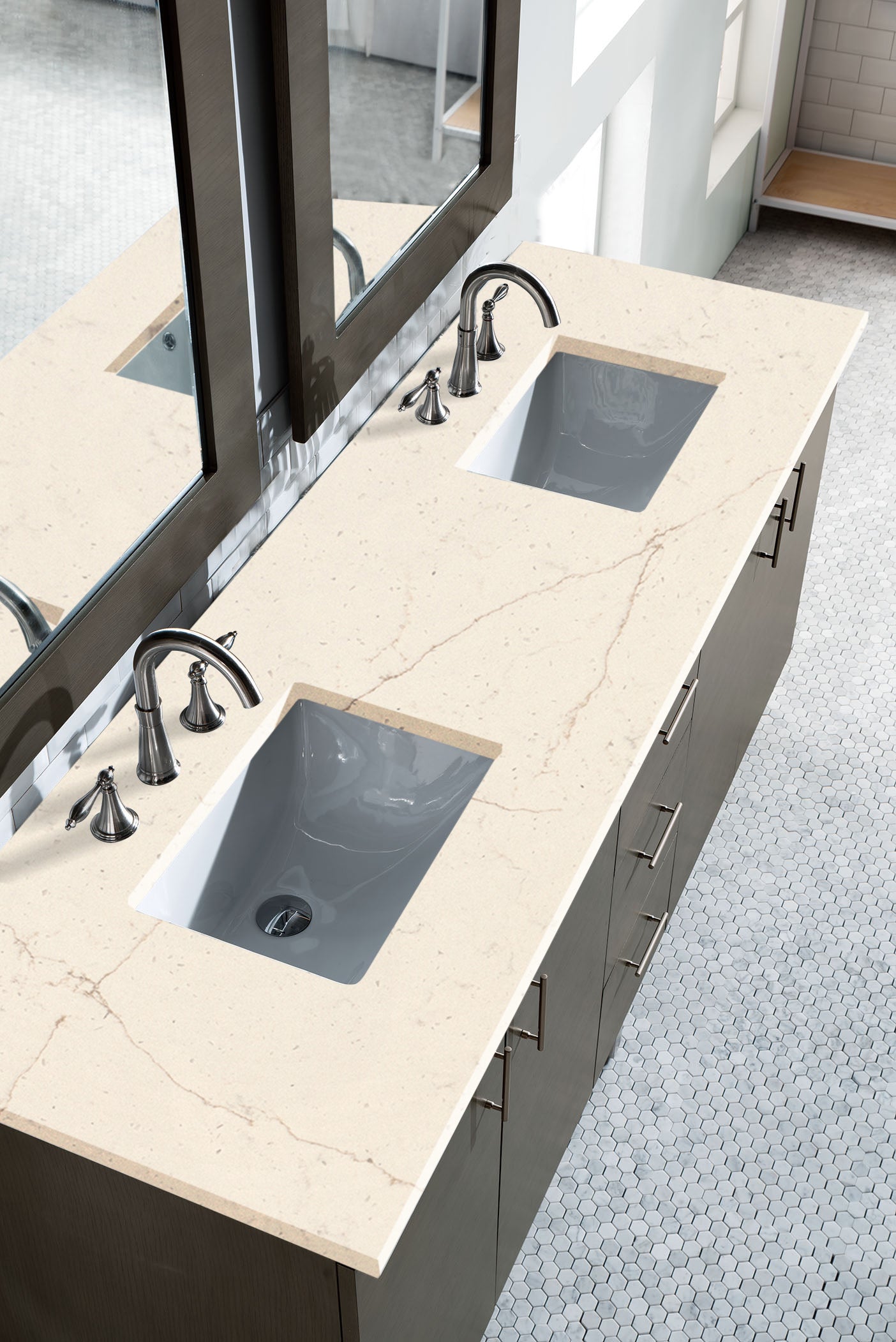 Metropolitan 72 Inch Double Bathroom Vanity with 3CM Eternal Marfil Quartz Countertop in Silver Oak - Perfect for Master Bathroom & Luxury Home Renovation