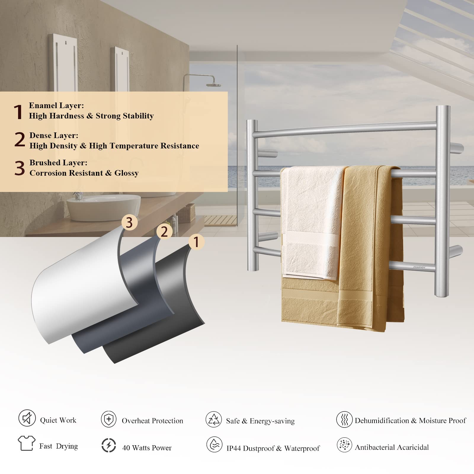 Premium Brushed Nickel Electric Towel Warmer - Wall Mounted Bathroom Heated Towel Rack with 4 Stainless Steel Bars (16.54x23.62x5.51 inches, 40W) - Perfect for Spa-Like Bathroom Luxury & Quick Drying