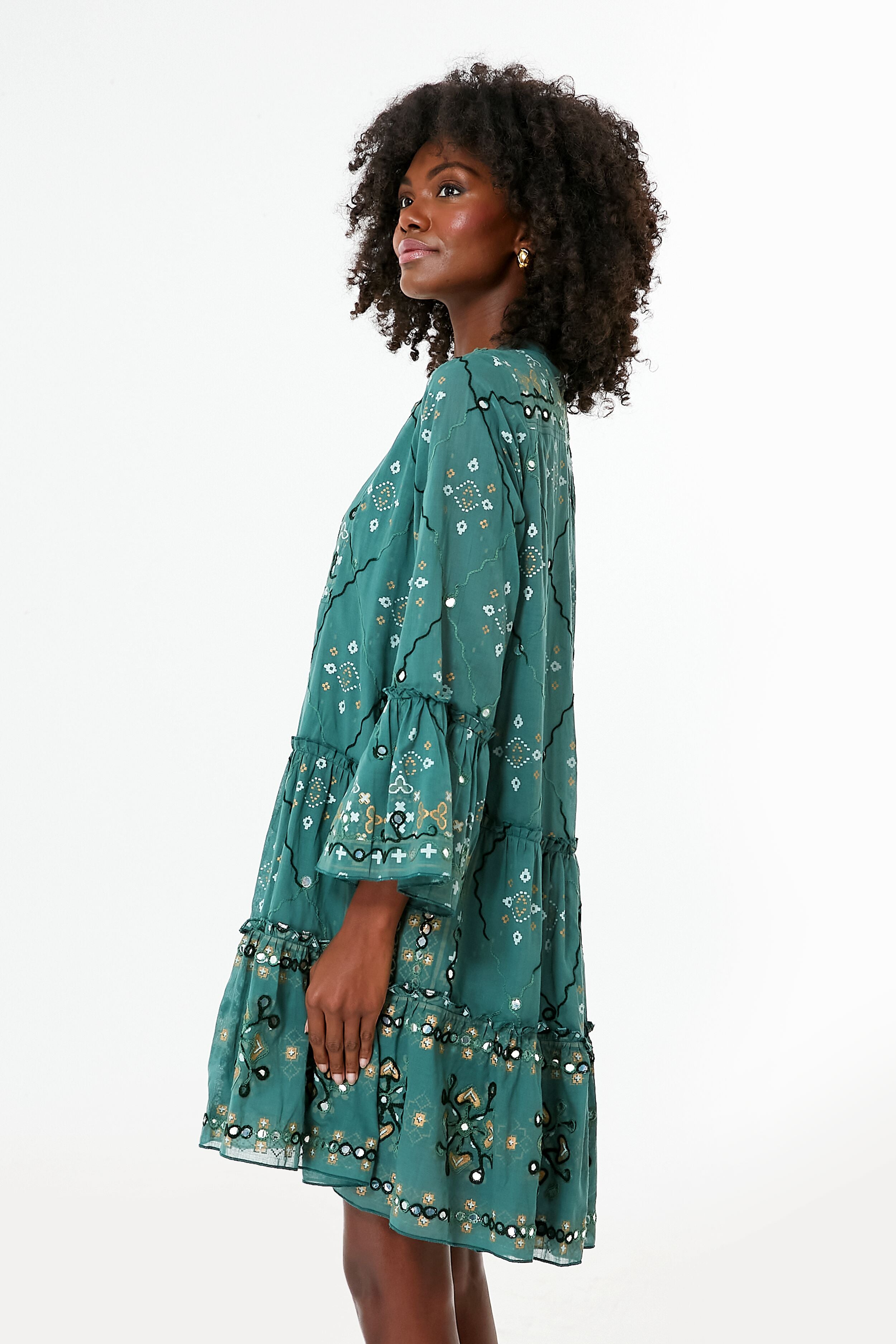 Elegant Green Mosaic Print Flared Sleeve Dress for Women | Vintage Inspired Party & Cocktail Dress | Perfect for Weddings, Date Nights and Special Occasions