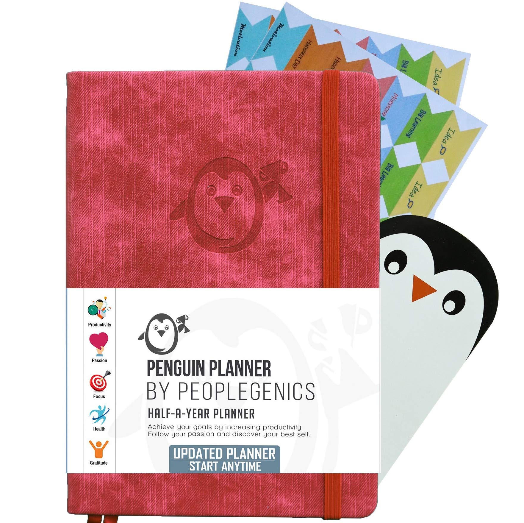 Penguin Planner Undated Daily Planner for Productivity & Time Management - Gratitude Journal & Self-Care Notebook (Red) | Perfect for Work, School, and Personal Goal Tracking