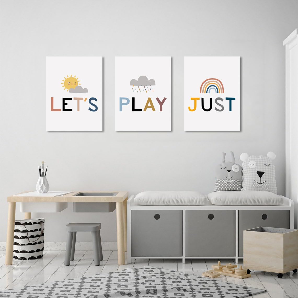 Kids Playroom Wall Decor - Playroom Sign & Let's Just Play Poster - Framed Classroom & Children's Room Art - Easy to Hang Playroom Wall Art for Bedrooms, Daycares & Preschools