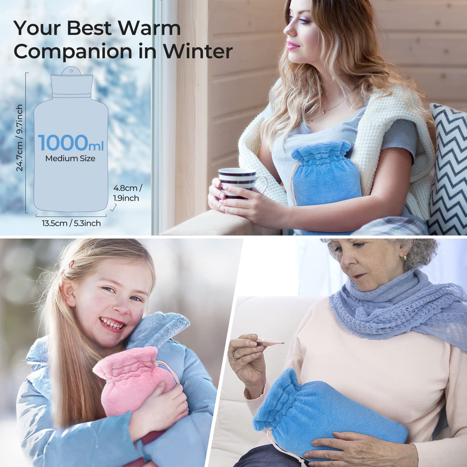 MEETRUE 1L BPA-Free Silicone Hot Water Bottle with Cover - Microwave Safe for Pain Relief, Hot & Cold Therapy - Perfect Gift for Women, Kids & Seniors - Ideal for Period Cramps, Muscle Pain & Winter Warmth
