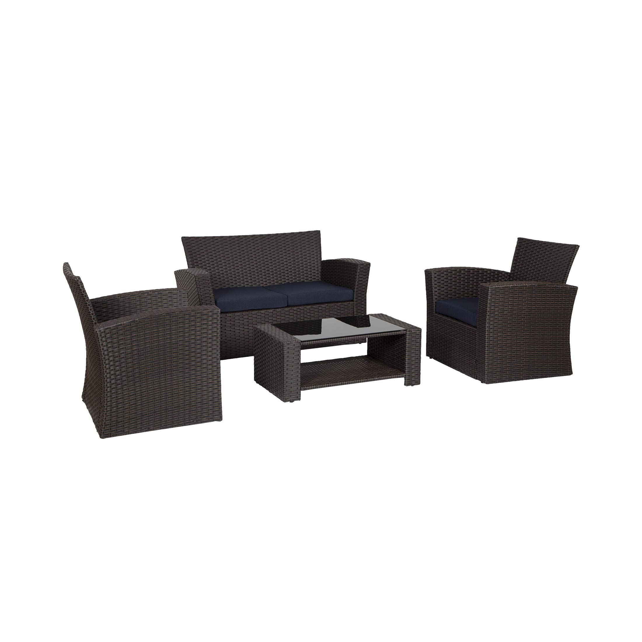 WO Home Furniture 4-Piece Patio Conversation Set - Black Rattan Wicker Sofa, Chairs & Table with Navy Blue Pillow Cushions | Outdoor Garden, Backyard, Poolside Lounge Furniture