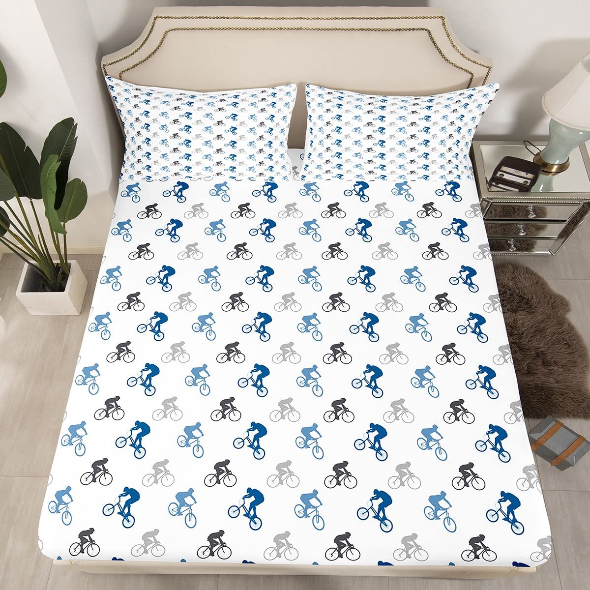 Erosebridal Boys Blue Black Fitted Sheet Queen Size - Mountain Bike Motocross Bedding Set for Kids & Teens - Extreme Sports 3-Piece Bedding with 2 Pillowcases - Perfect for Dirt Bike Enthusiasts & Adventure-Themed Bedrooms