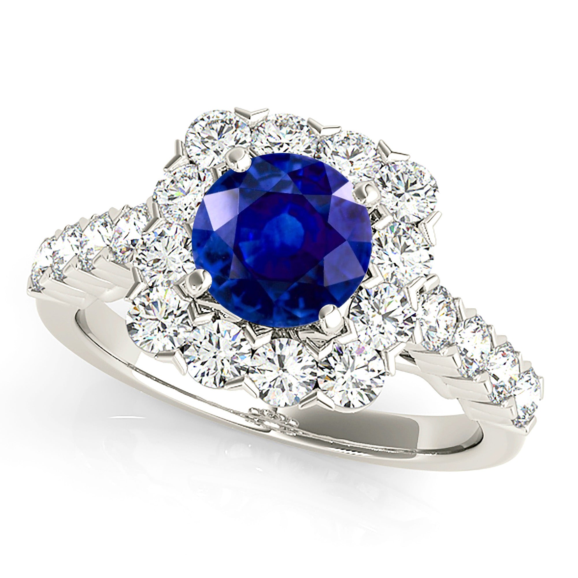 2.40 Carat Genuine Blue Sapphire Halo Ring - 14K White Gold Engagement Ring for Women, Wedding Band, Anniversary Gift, Promise Ring, Valentine's Day Present