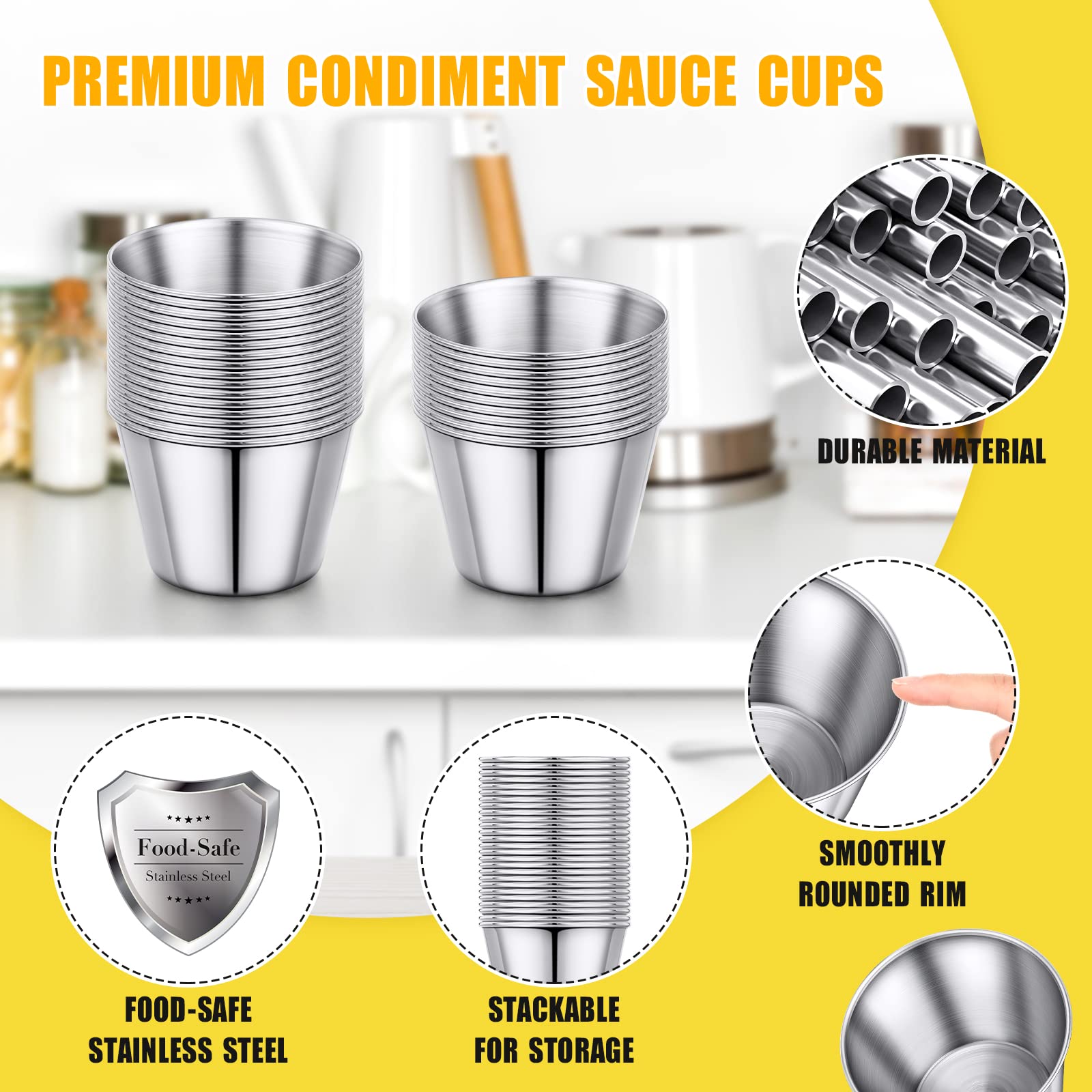 500 Pcs 2.5 oz Stainless Steel Sauce Cups - Metal Ramekins for Salsa, Dipping Sauces & Condiments | Bulk Round Small Bowls for Parties, Restaurants & Catering (BPA-Free, Durable & Reusable)