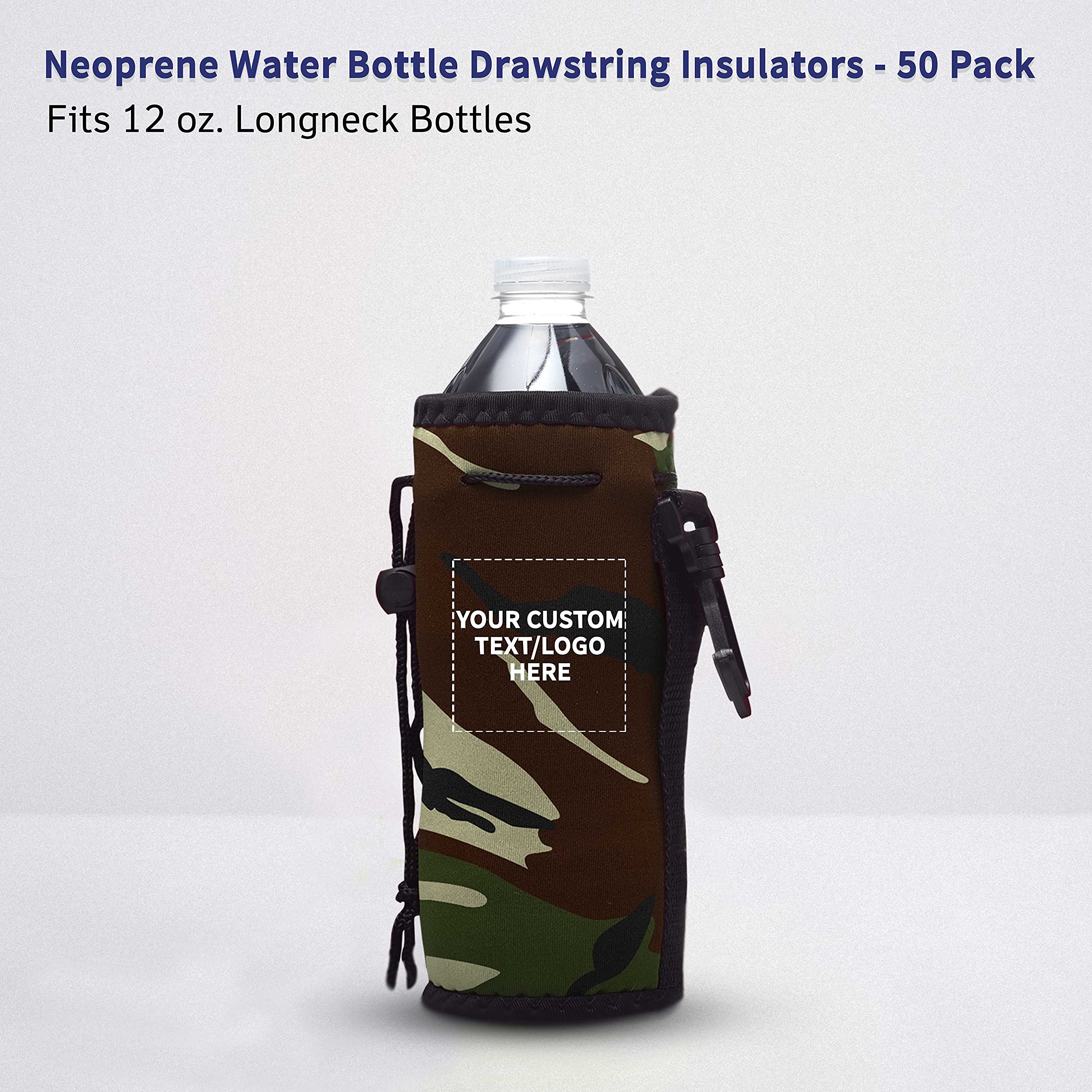 50 Pack Neoprene Water Bottle Insulators with Drawstring - Custom Text & Logo Printing - Fits 12 oz Longneck Bottles - Camouflage Design - Perfect for Outdoor Adventures, Sports Events & Corporate Gifts
