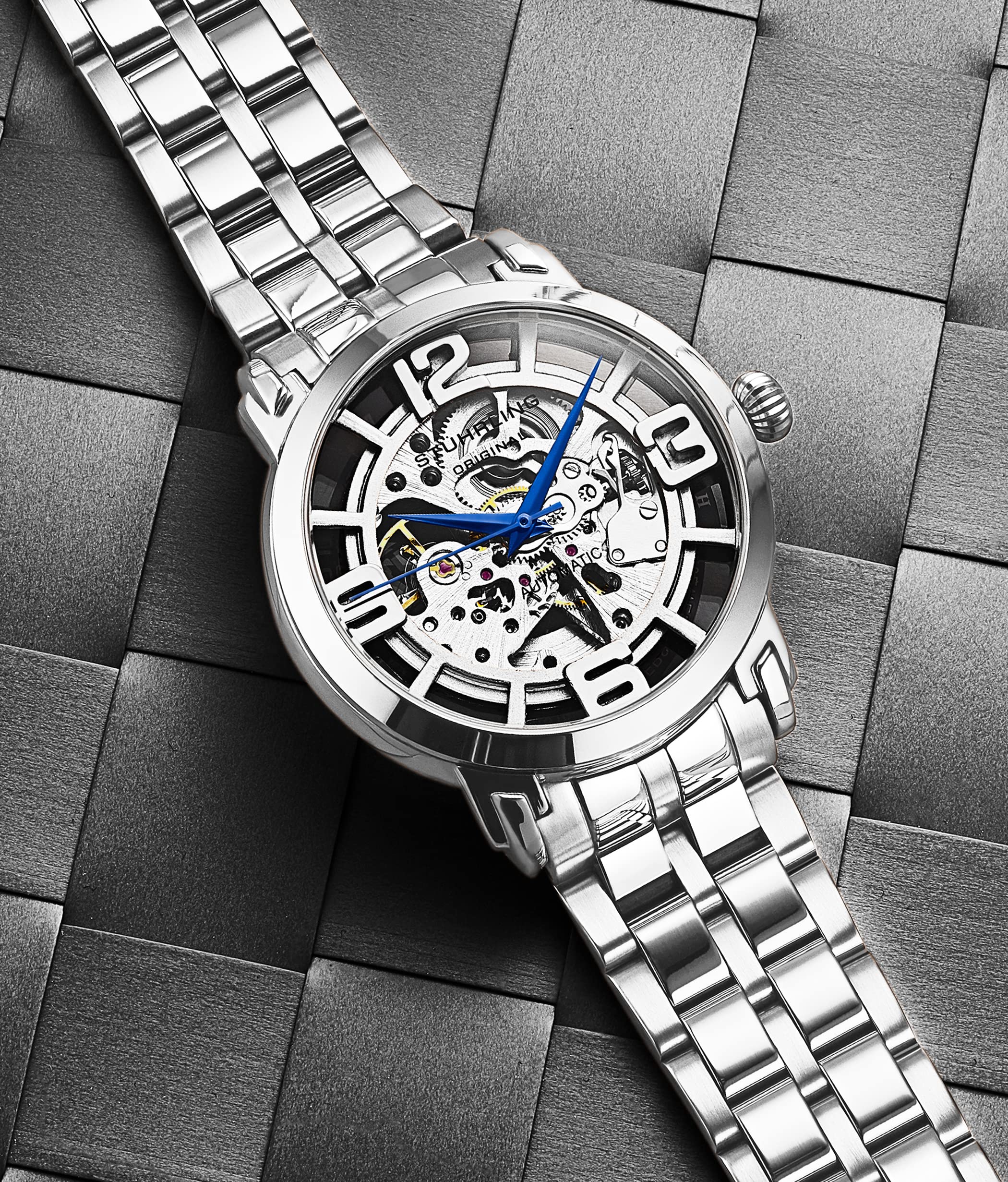 Stuhrling Original Men's Skeleton Automatic Watch - Self-Winding Mechanical Dress Watch - Winchester 44 Elite Silver Watch for Business & Formal Occasions
