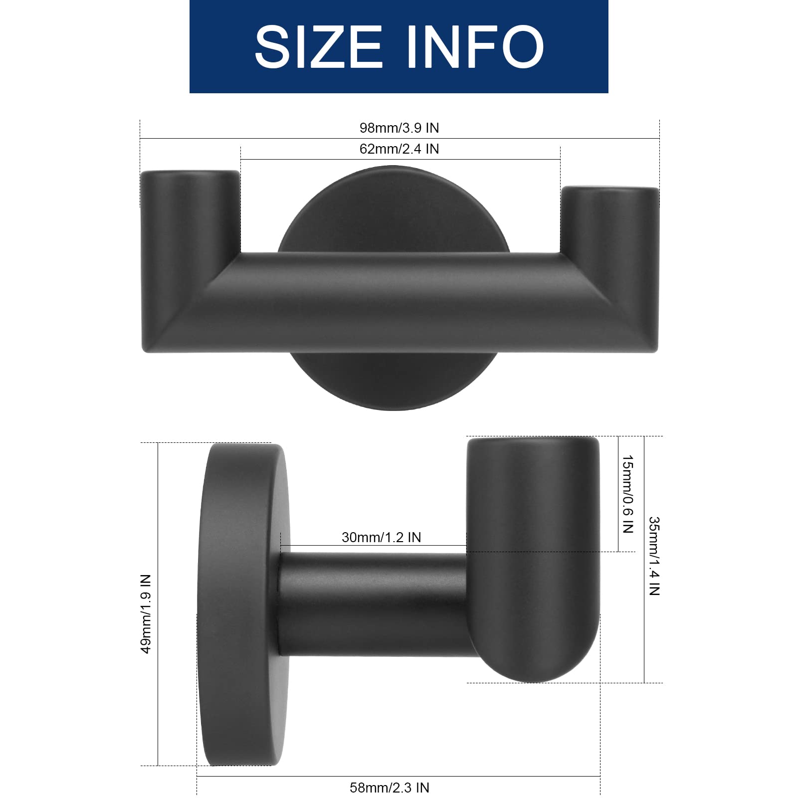 NearMoon Double Towel Hook - 2 Pack SUS304 Stainless Steel Heavy Duty Wall Mounted Coat & Robe Hanger for Bathroom, Living Room, Kitchen - Matte Black - Perfect for Organizing Towels, Robes & Coats in Home Spaces