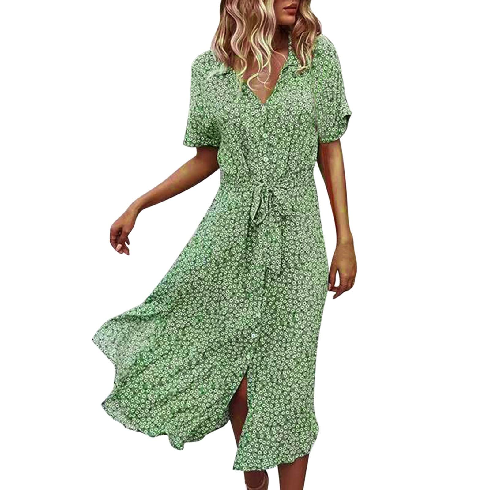 Koippimel Women's Floral Printed Flowy Dress - Short Sleeve Button Front Cocktail Dress for Wedding Guest, Evening Party, Prom & Summer Occasions | Elegant Sun Dress for Special Events & Date Nights