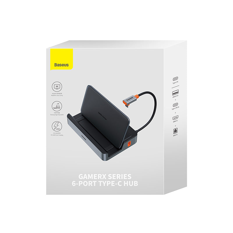 Baseus GamerX Series 6-in-1 USB C Hub with HDMI, 3x USB 3.0, PD Charging & Ethernet Adapter - Gray - Perfect for Gaming, Work & Travel Connectivity