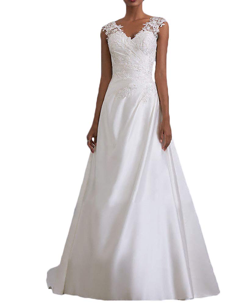 Vintage Lace Appliques A-Line Wedding Gown with Satin Skirt - Elegant Princess Beach Bride Dress for Outdoor Ceremonies & Destination Weddings