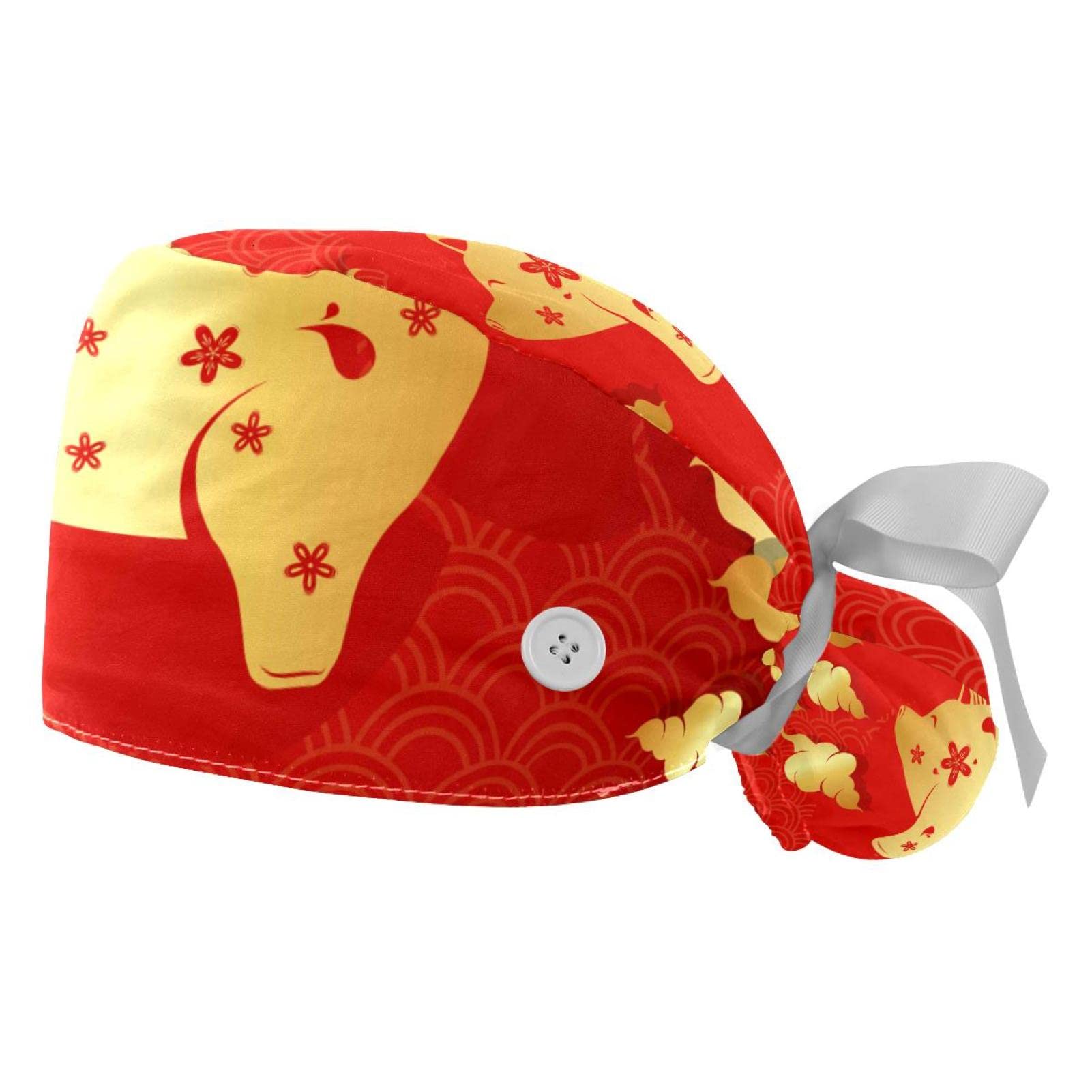 Pineapple Cake Print Scrub Hats for Women & Men - 2 Pack Breathable Surgical Caps with Button & Sweatband for Long Hair - Perfect for Nurses, Doctors & Healthcare Workers in Hospitals & Clinics