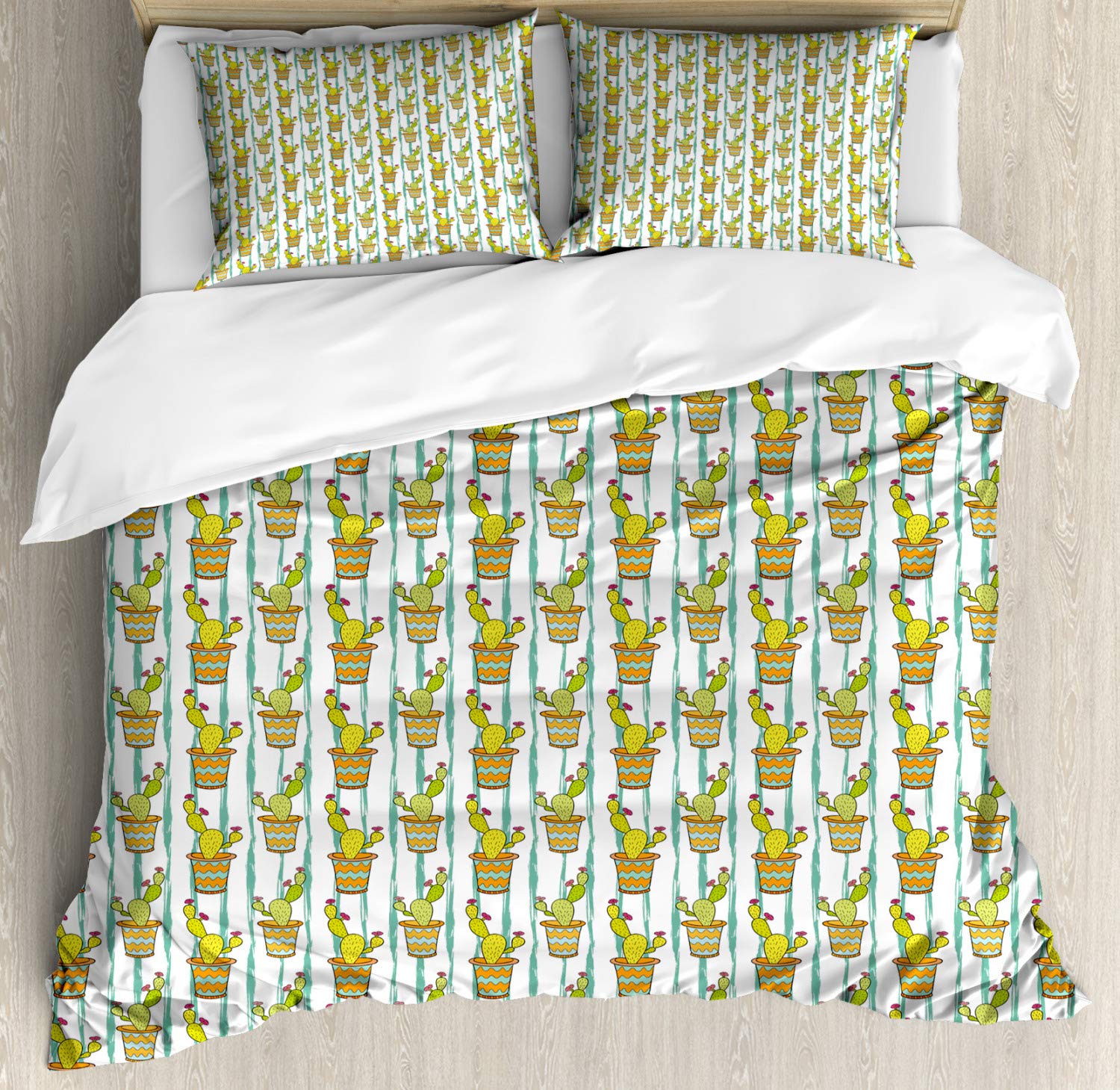 Ambesonne King Size Cactus Duvet Cover Set - 2 Pack Green Orange Mint Chevron Pattern Bedding with 2 Duvet Covers & 4 Pillowcases | Cartoon Vertical Line Design for Modern Bedroom Decor | Perfect for Guest Rooms, Kids Rooms, and Southwest Style Homes
