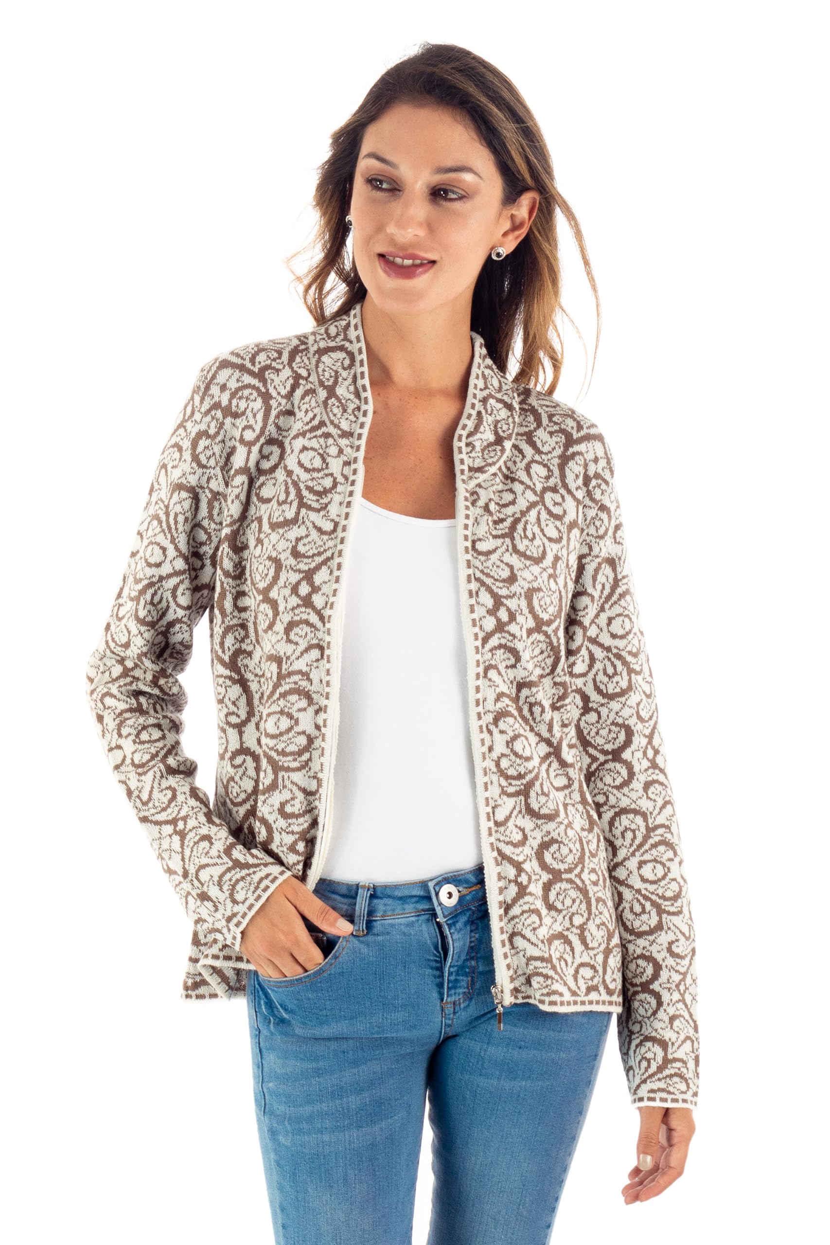 Handmade Alpaca Blend Cardigan - Soft Wool Sweater with Beige Peruvian Pattern | NAT Geo Inspired Jauja Lace Design | Cozy Winter Wear & Boho Fashion Statement