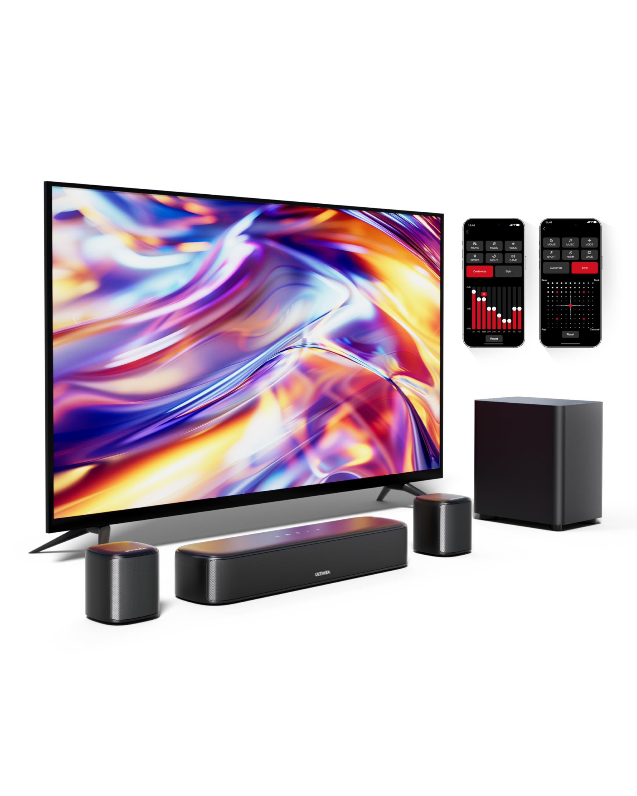 ULTIMEA Aura A30 5.1 Channel Sound Bar System with Virtual Surround Sound - 250W Peak Power, Wireless Subwoofer & 2 Rear Speakers for Smart TV - App Control, Optical/AUX/Bluetooth - Perfect for Home Theater, Movie Nights & Gaming