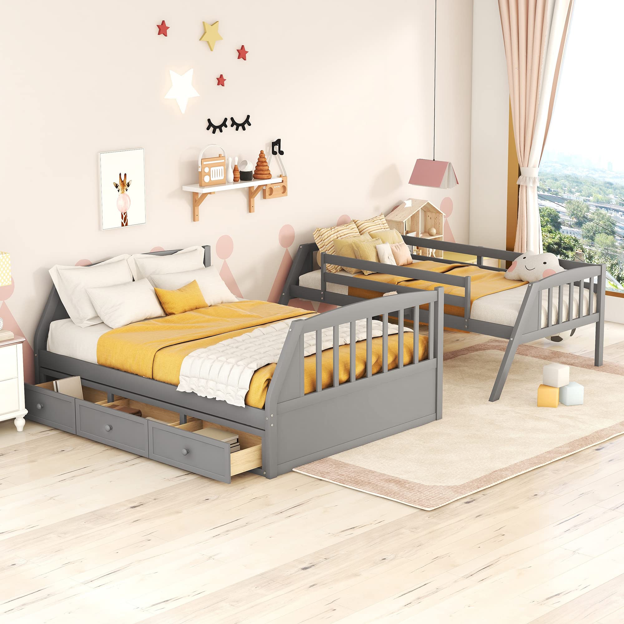 Solid Wood Twin-Over-Full Bunk Bed with Stairs & Storage - Kids Teens Adults Bedroom Furniture (Gray)