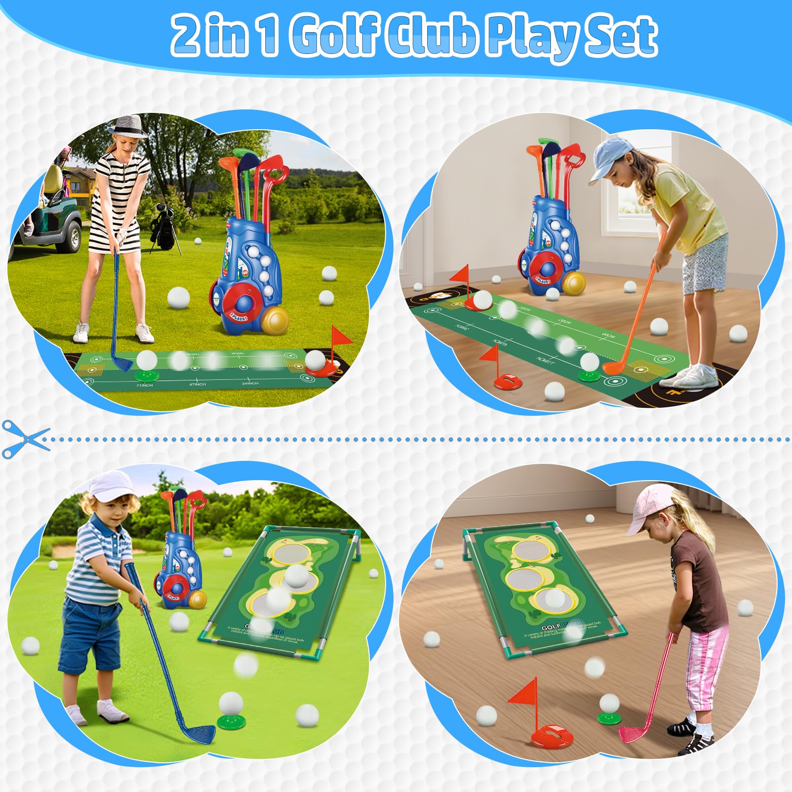 2 in 1 Kids Golf Club Play Set with Golf Board, 4 Golf Balls & Clubs - Portable Storage Bin - Perfect Indoor/Outdoor Golf Toys for Toddlers Age 3+ - Ideal Birthday Gift for Boys & Girls - Great for Backyard Play, Birthday Parties & Family Fun Activities