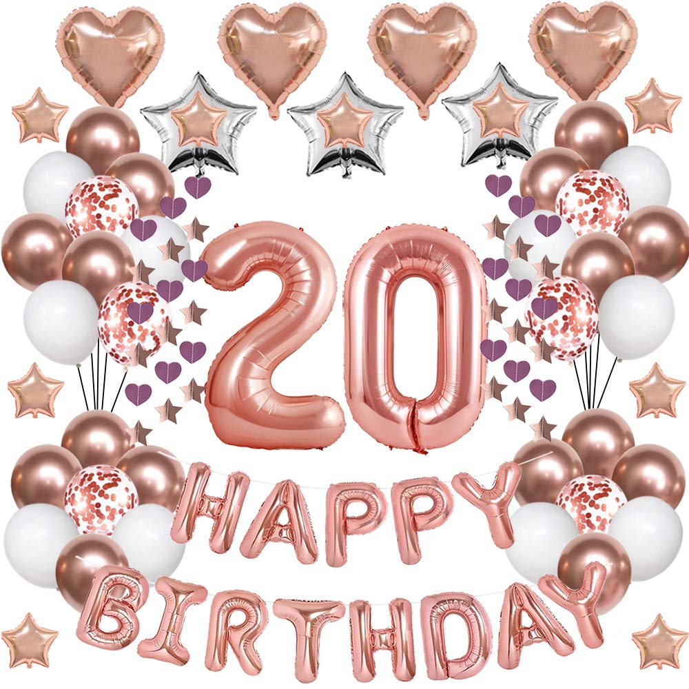 20th Birthday Rose Gold Decorations Set - Happy Birthday Banner, Number 20 Balloon, Star & Heart Foil Balloons, Confetti Balloons for Women & Girls | Perfect for Birthday Parties, Photo Backdrops & Celebrations