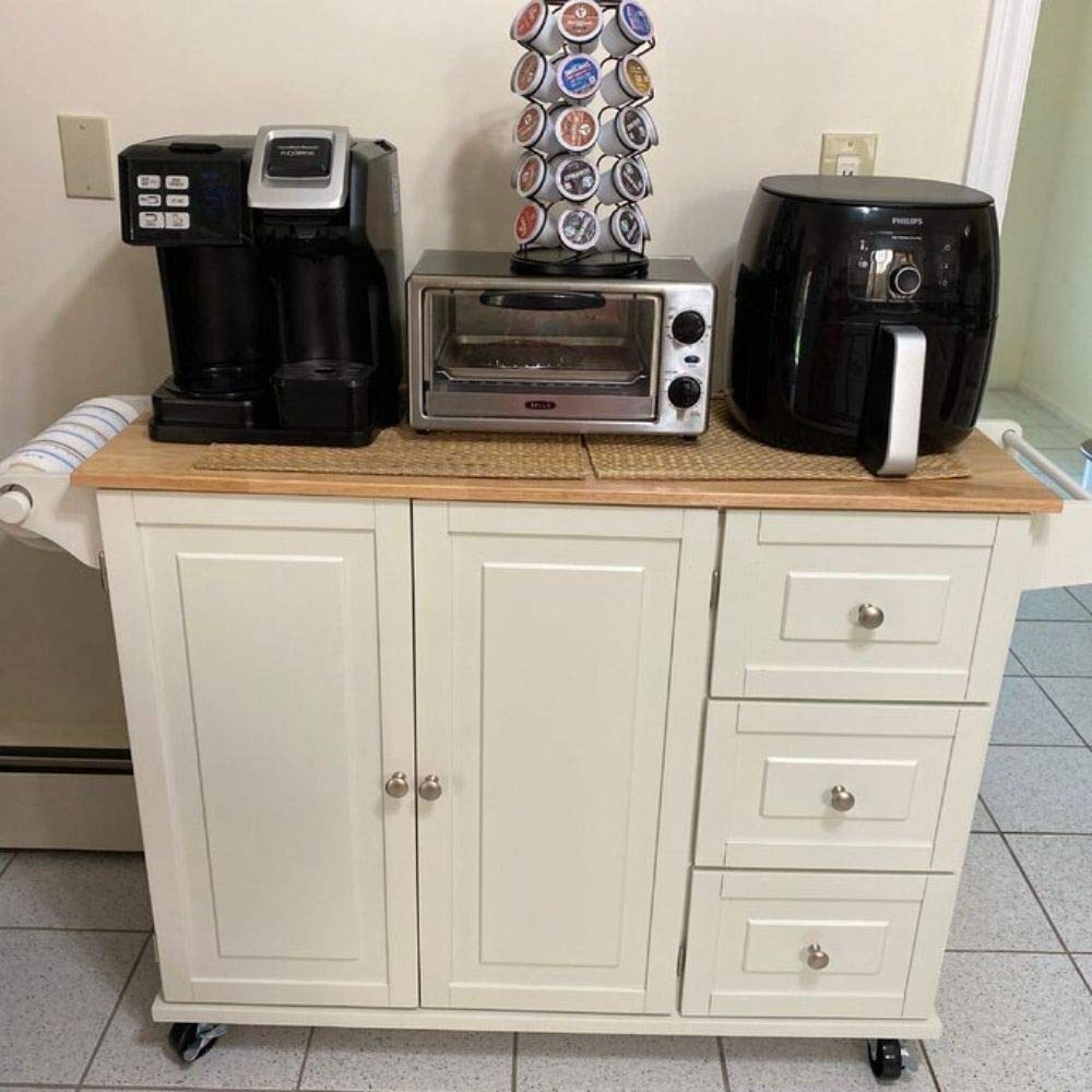 **Rolling Kitchen Island Cart with Drop Leaf Wood Top - 3 Drawer Storage Cabinet, Spice Rack & Towel Holder - Mobile Breakfast Bar, Food Prep & Serving Table for Dining & Kitchen Organization**    *(Use Case: Perfect for small kitchens, entertaining guests, meal prep, extra storage, and stylish serving during parties or family gatherings.)*