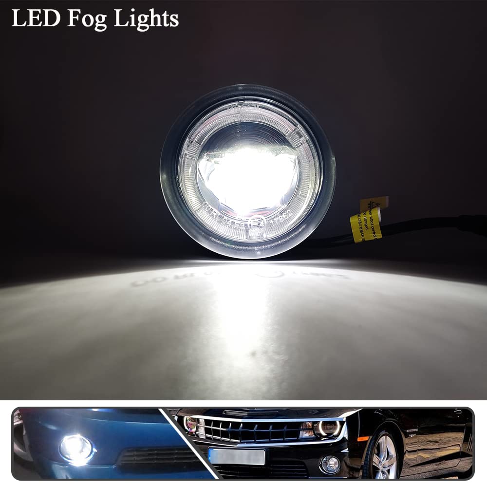 2Pcs White Halo LED Fog Lights with Clear Lens - Daytime Running Lights (DRL) & Driving Lights for Chevy Camaro 2010-2013 Models - Perfect for Night Driving & Enhanced Visibility in Foggy Conditions