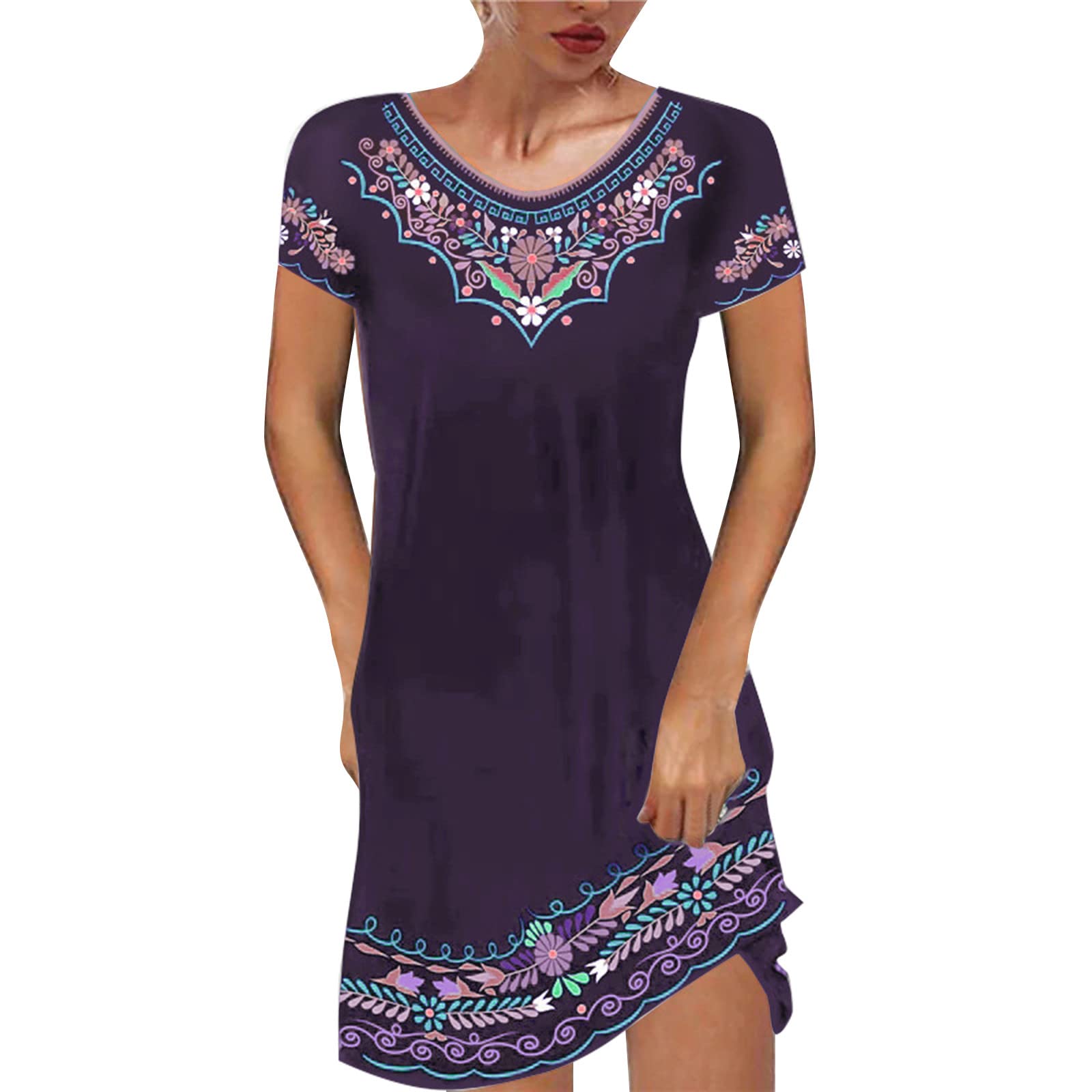 2022 Women's Long Summer Dresses - Floral V-Neck Short Sleeve Tribal Print Casual Maxi Dress | Perfect for Beach Vacations, Outdoor Parties & Boho Fashion