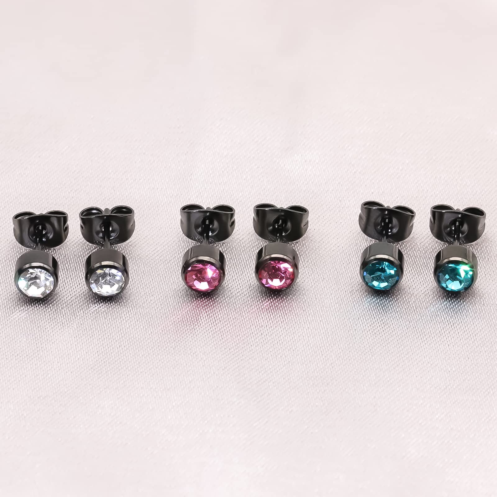 3 Pairs Women's Hypoallergenic Titanium Stud Earrings - 4mm/5mm Crystal Jewelry Set in Silver, Black, Rose Gold & Gold Plated | Perfect Gift for Girls, Women & Men | Everyday Wear, Parties & Special Occasions