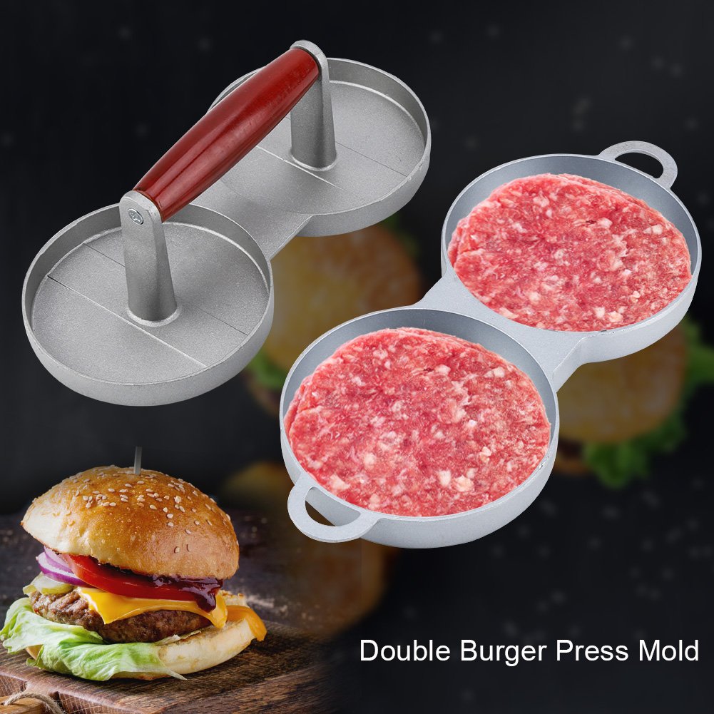 VBESTLIFE Hamburger Press Patty Maker - 2 Grids Round Stainless Steel Burger Meat Press with Wooden Handle for Beef, Veggie, BBQ Burgers | Perfect for Home Cooking, Outdoor Grilling, and Restaurant Use