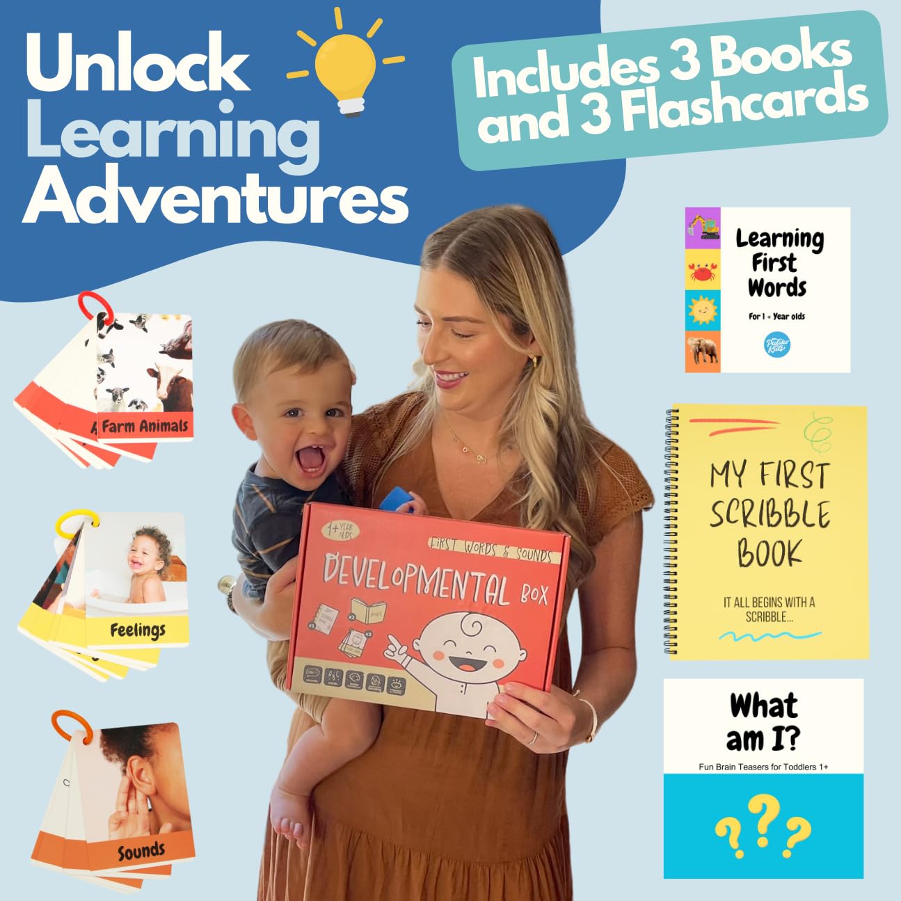 Pidoko Kids Developmental Baby Box - 1 Year Old Birthday Gift for Boys & Girls - First Words, Sounds, Talk & Scribble Learning Toys - Educational Board Books & Flashcards - Perfect for Toddler Learning Activities & Early Childhood Development