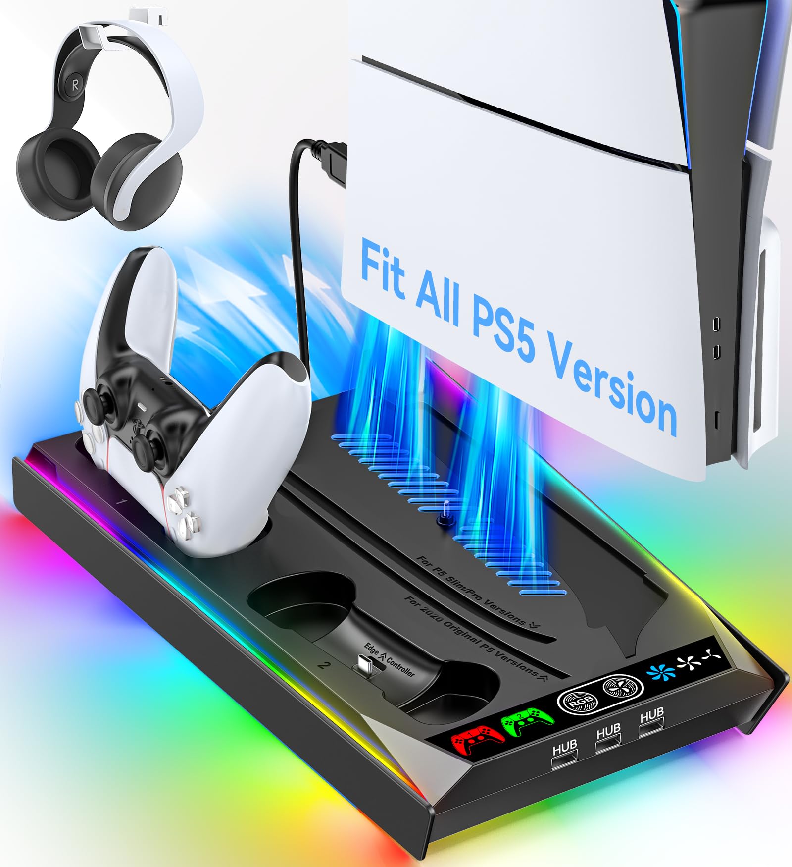 Rysker PS5/Slim/Pro Stand with Built-in 3-Level Cooling Fan & Fast Charger - Cooling Station for PlayStation 5 Disc & Digital Edition - Includes Safety Screw & Headset Holder - Perfect for Gaming Setup & Console Protection