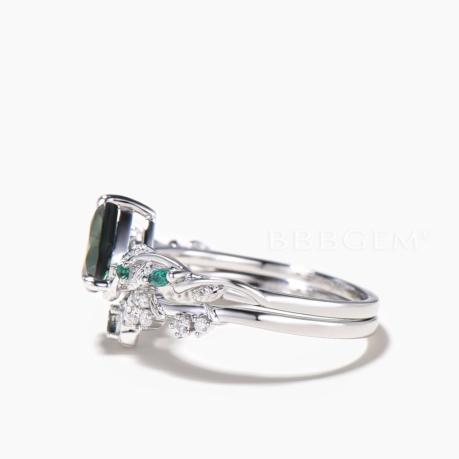 Pear Cut Natural Green Tourmaline Leaf Engagement Ring with Agate & Diamond Accents - Elegant Bridal Set for Wedding, Proposal & Anniversary Celebrations