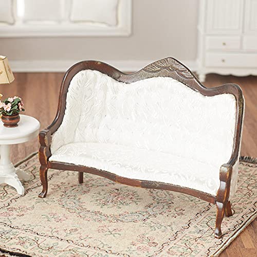 Victorian Miniature Dollhouse Sofa - White Brocade Upholstered Furniture for Dollhouse Decor, DIY Crafts & Collectibles | Perfect for 1:12 Scale Dollhouses, Miniature Displays & Gift Giving